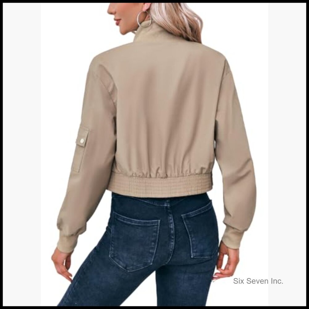 Lightweight Polyester Cropped Bomber Jacket with … - image 4